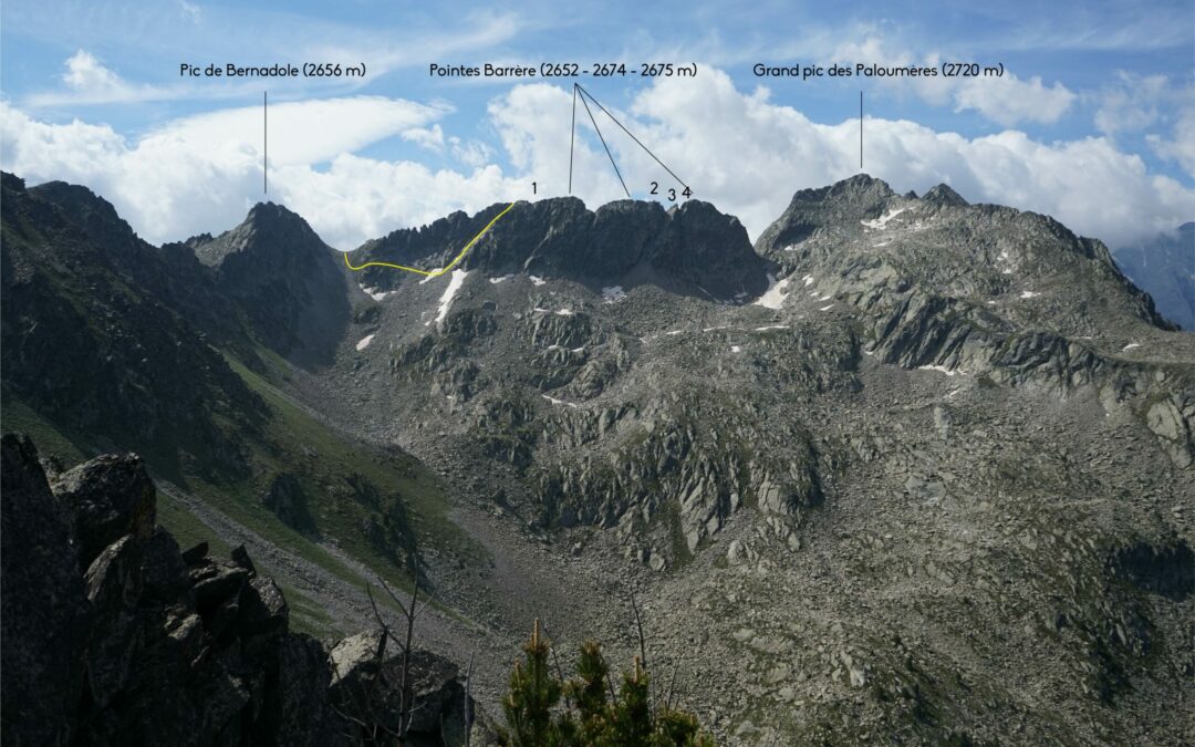 Pic de la Badète de Labassa (2647 m) – Pic Mayouret (2688 m) – Pic de Bloundine (2664 m) – Pic Meya (2533 m) – Pic de Bernadole (2656 m) – Pointes Barrère (2652 – 2674 – 2675 m) – Grand pic des Paloumères (2720 m) depuis le Pont d’Espagne